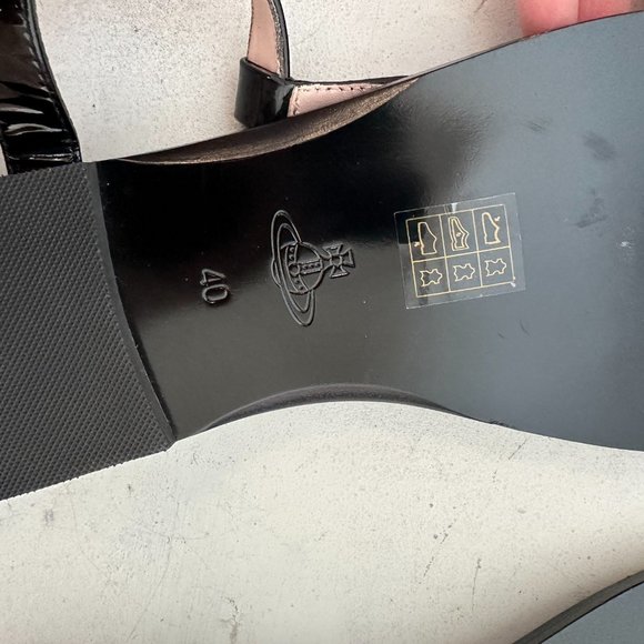 Vivienne Westwood T-strap Buckle Flat Sandals 40 Black Patent Leather Mesh Vamp - Picture 8 of 8